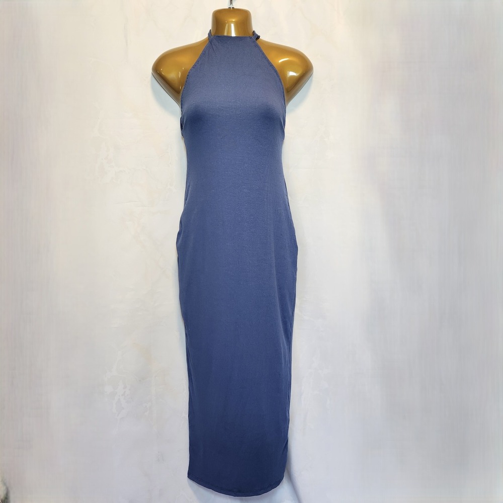 SHEIN SXY‎ Maxi Halter Bodycon Dress Women's 7 Blue Tie Back Ribbed Sleeveless